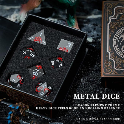 Metal DND Dice Set Dragon D&D Dice for D&D Dungeons and Dragons Gift TTRPG Metal Dice with Dragon Dice Box(Black Red Dragon)