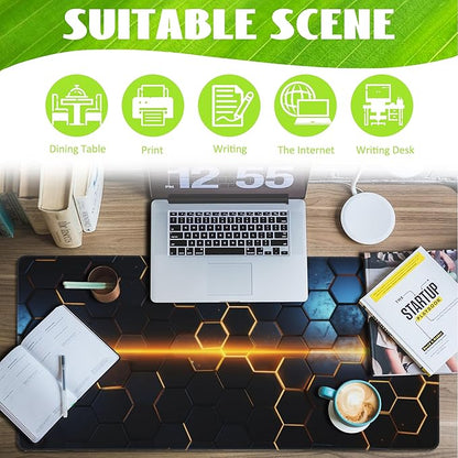 Large Gaming Mouse Pad,Golden Lines Honeycomb Technology Desk Mat,Honeycomb Technology Desk Pad,Extended Computer Keyboard Mouse Pad with Non-Slip Base and Stitched Edge,35.4"x15.7"