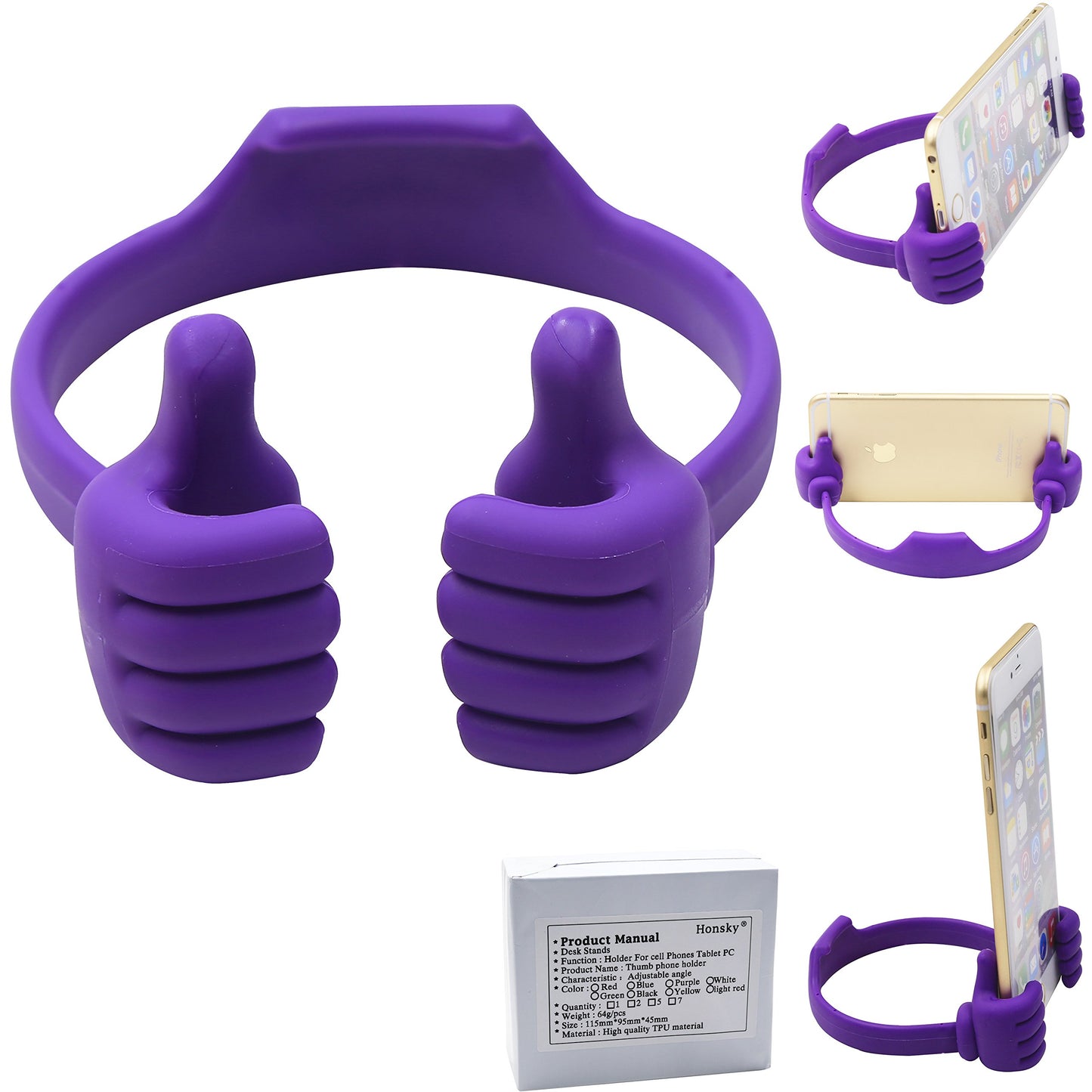 Honsky Thumbs-up Cell Phone Stand Holder, Tablet Stand Cradle for Desk Desktop Smartphone Cellphone Mobile Phone Tablets, Universal Adjustable Flexible, Purple