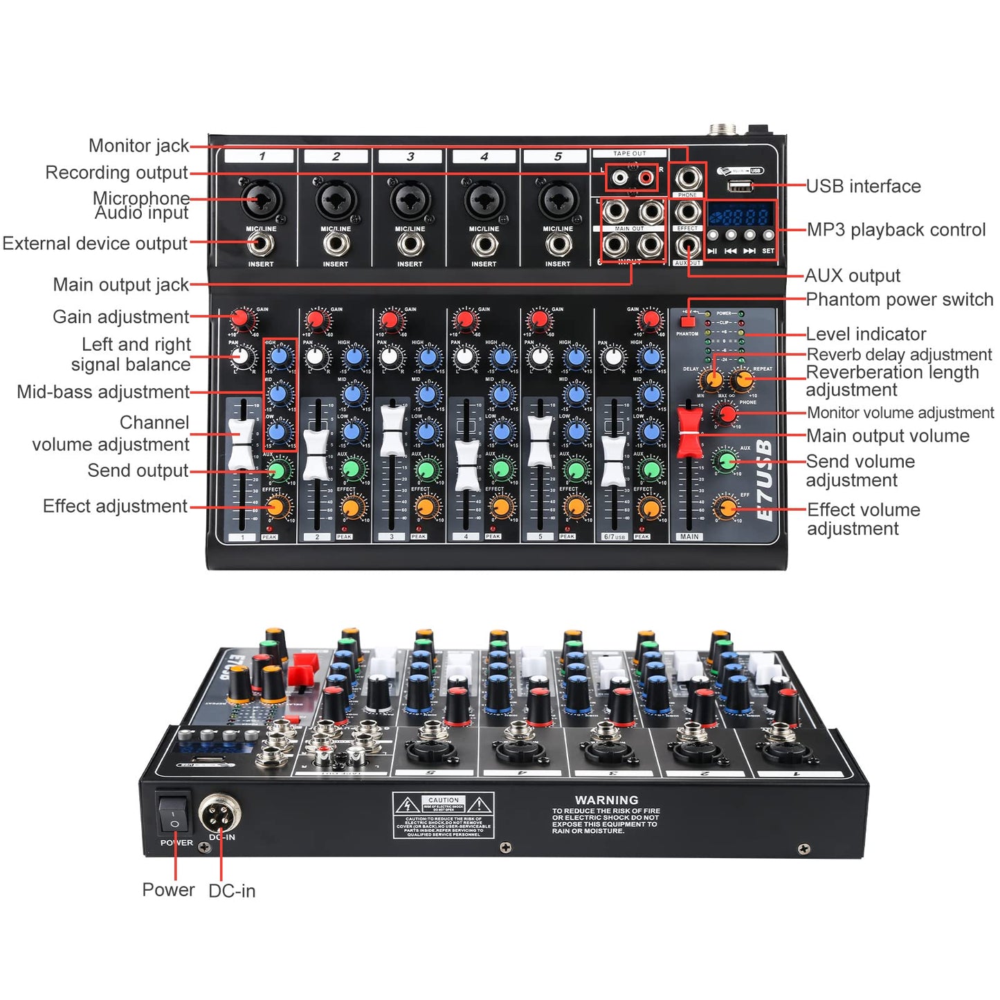Dj Mixers 7 Channel Audio Mixer Sound Board with Bluetooth, Usb Audio Interface with 48V Phantom Power Sounds Mixer Board with FX Reverb Delay Effect for Streaming