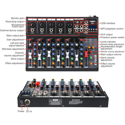 Dj Mixers 7 Channel Audio Mixer Sound Board with Bluetooth, Usb Audio Interface with 48V Phantom Power Sounds Mixer Board with FX Reverb Delay Effect for Streaming