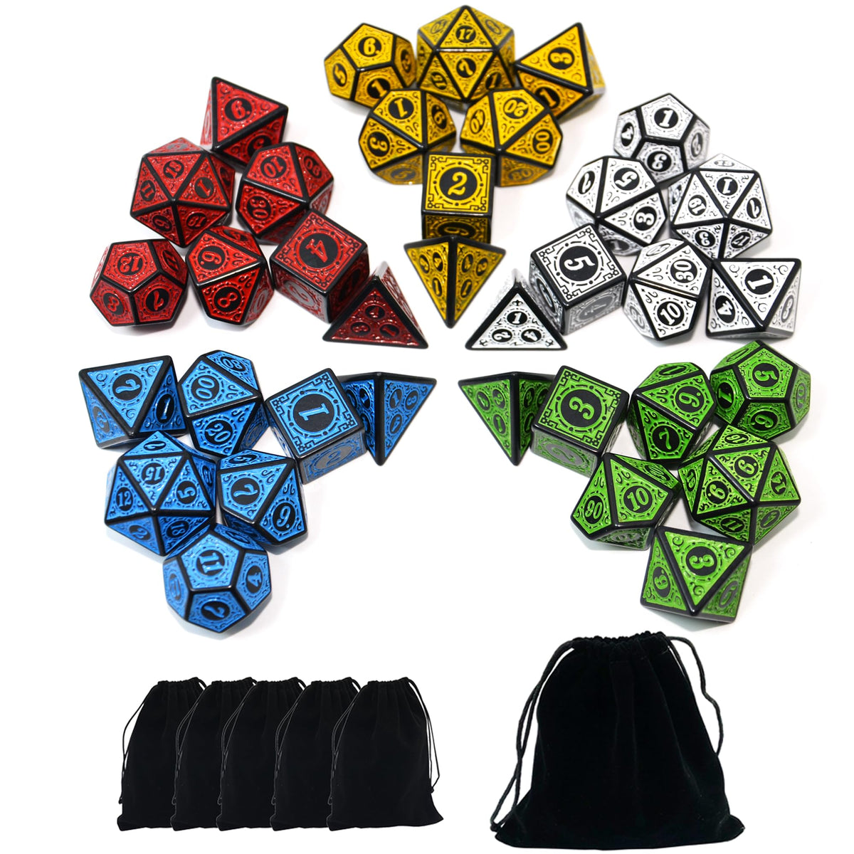 SmartDealsPro 5 x 7-Die Double-Colors Polyhedral Dice Sets with Pouches for D&D DND RPG MTG Dungeon and Dragons Table Board Roll Playing Games D4 D6 D8 D10 D% D12 D20