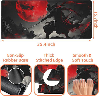 Mouse Pad Large Anime Samurai Non-Slip Gaming Desk Mat with Stitched Edge Laptop Keyboard Desk Pad for Work Home Gaming (35.4 x 15.7 Inches)