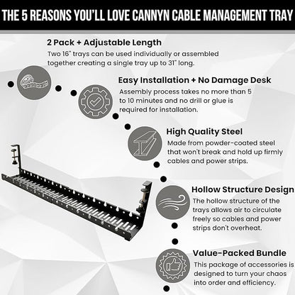 No Drill Under Desk Cable Management Tray - Extendable 16" to 31" Sturdy Steel Desk Cord Hider Raceway - Under Desk Cable Tray Holder with 38 Wire & Cable Rack Organizer Accessories - Black