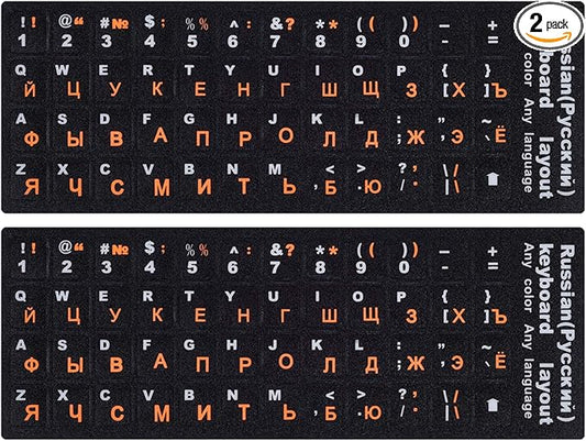 2PCS Russian Keyboard Stickers, Russian-English Keyboard Letters Replacement Sticker Orange Font with Black Background for PC Computer Laptop Notebook Desktop, Cyrillic Keyboard Alphabet Stickers