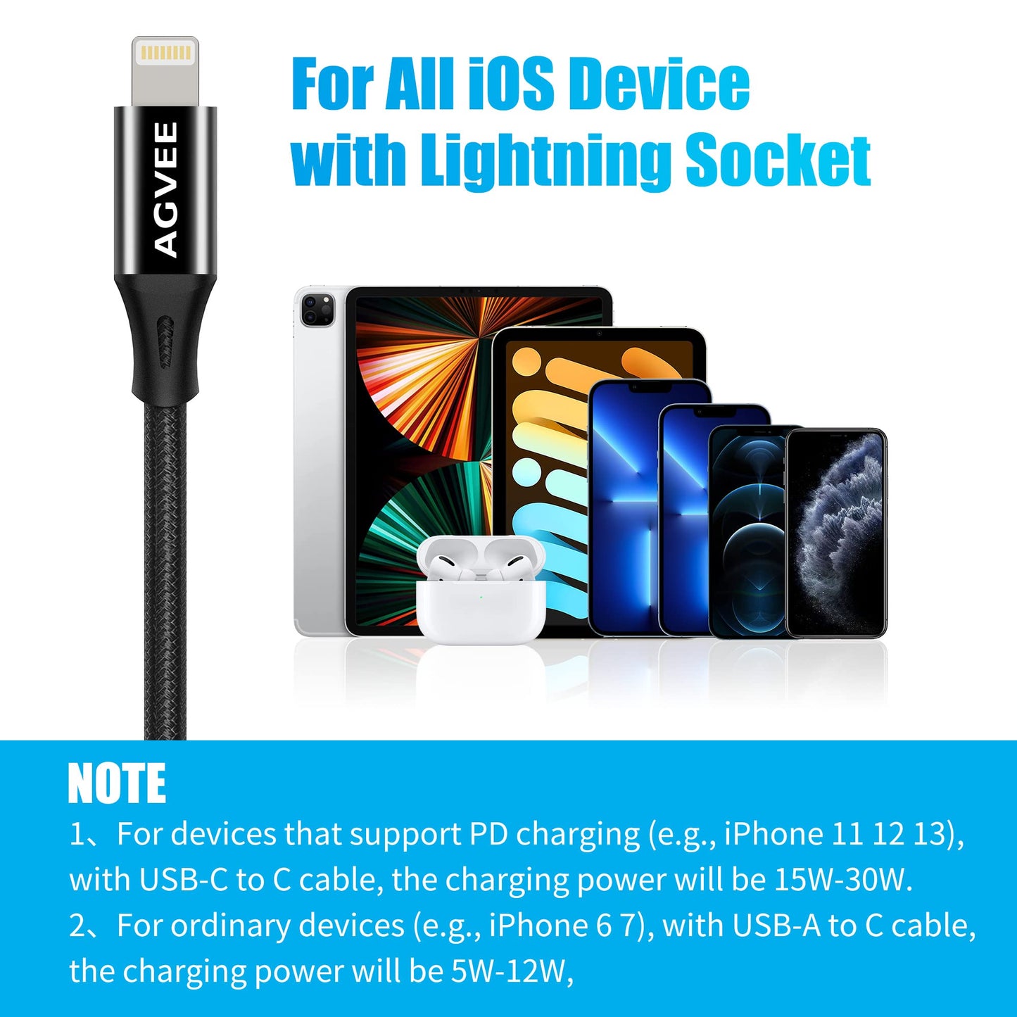 AGVEE 2 Pack 4 Inch USB-C Female to Lightning Male 30W Charging Adapter