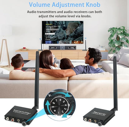 5.8GHz Wireless Audio Transmitter Receiver,164Ft/50M Long Range 18ms Low Latency, RCA / 3.5mm AUX Input/Output with Volume Adjustment Knob, Used for TV/PC/CD/Power Speaker/Soundbar/Headphones