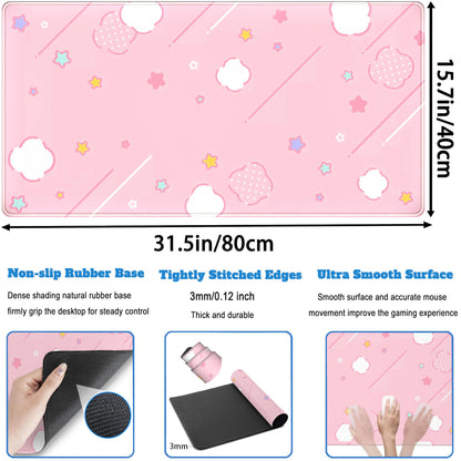 Pink Mouse Pad Large Desk Mat Gaming, Kawaii Desk Pads Stars Mouse Mat XXL Cute Keyboard Pad, Laptop Computer Mat with Non-Slip Base & Stitched Edges, Office Decor for Women 31.5" x 15.7"