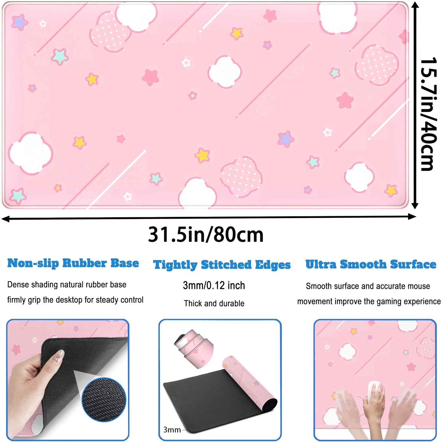 Pink Mouse Pad Large Desk Mat Gaming, Kawaii Desk Pads Stars Mouse Mat XXL Cute Keyboard Pad, Laptop Computer Mat with Non-Slip Base & Stitched Edges, Office Decor for Women 31.5" x 15.7"