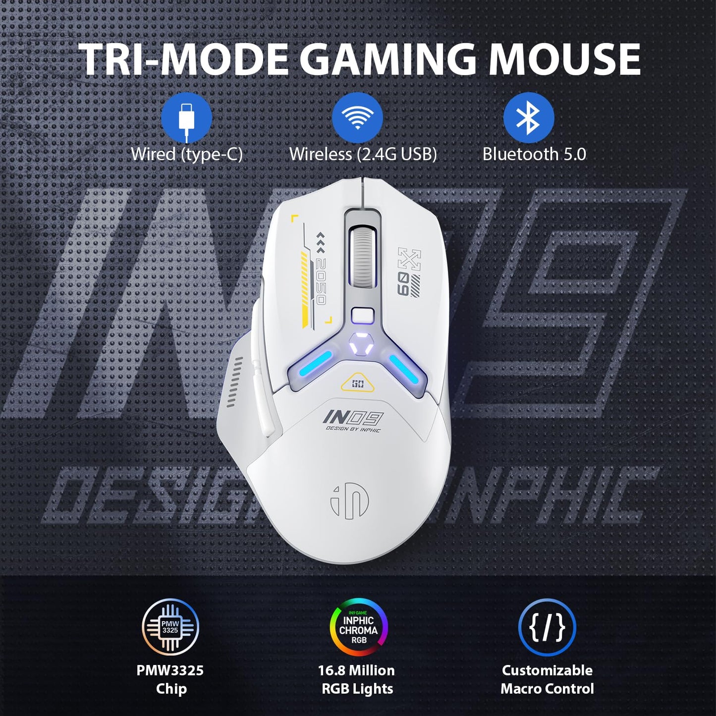 INPHIC IN9 Wireless Gaming Mouse, Real Tri-Mode 2.4G Wireless/Type-C Wired/Bluetooth Mouse, 10k DPl, Fully Programmable, RGB Lighting, Hyperspeed Rechargeable Wireless Mouse for Laptop PC Computer Mac