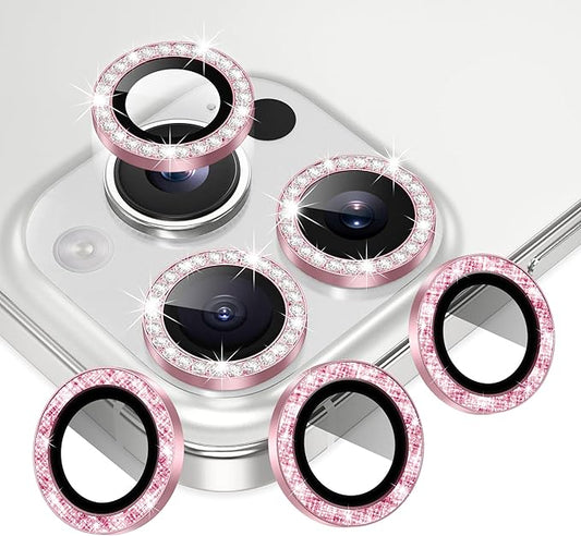 AGVEE 16 Pro & Max 3+3 6 Pack for iPhone 13 6.1" / 13 Mini 5.4" Camera Lens Protector, Bling Diamond & Bling Glitter Metal Ring 9H Tempered HD Glass Camera Cover Film, Bling-Pink