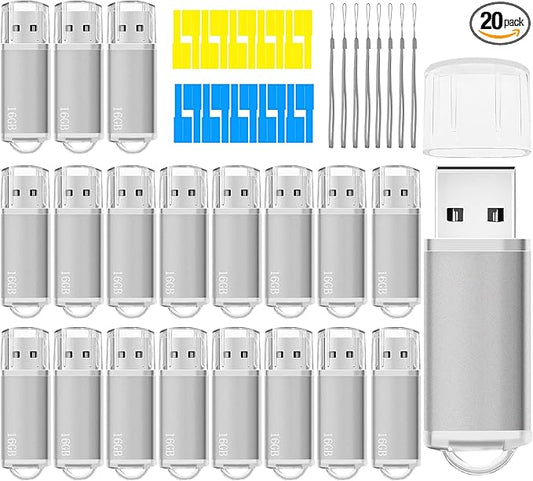 USB Thumb Drive 16GB Flash Drives 20 Pack, Nicepicten Memorias USB 2.0 Memory Stick FAT32 Flash Zip Drive 16 GB Jump Drives Multipack Pendrive with Landards and Lables (Sliver 16GB, 20 Pieces)