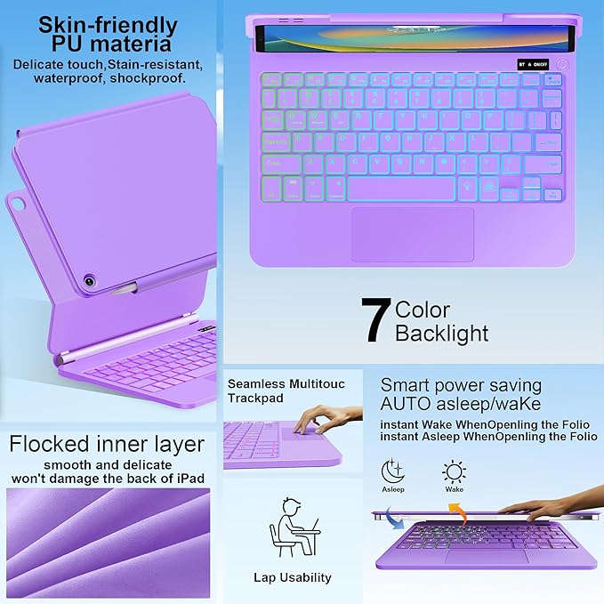 for iPad 9th Generation Case with Keyboard,Magic Style Keyboard Case for iPad 9th/8th/7th Gen 10.2 inch - Floating Cantilever Magnetic Stand Multi-Touch Trackpad (Purple)