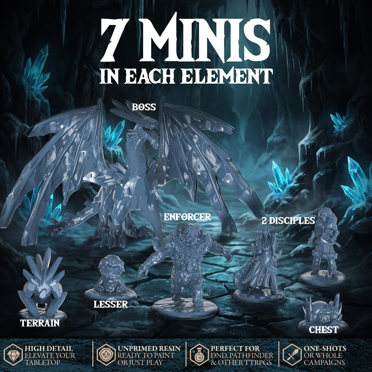 D&D Miniatures Elemental Set, 35 Unpainted 28mm Figures & Treasure Chests