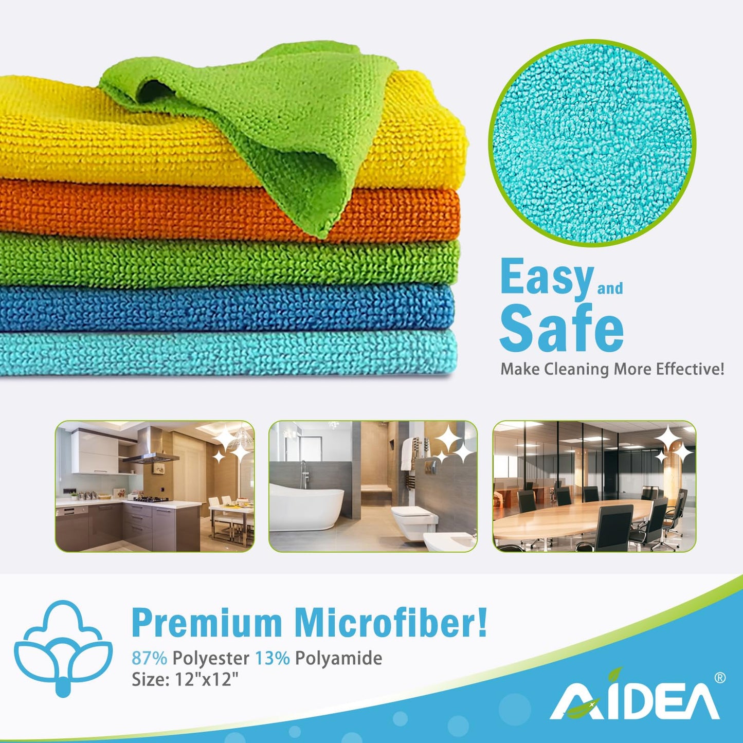 AIDEA Microfiber Cleaning Cloth, 50PK, Microfiber Towels for Cars, All Purpose Cleaning Rags for House, Dusting Cloth for Kitchen, Car, Window, 12"×12"