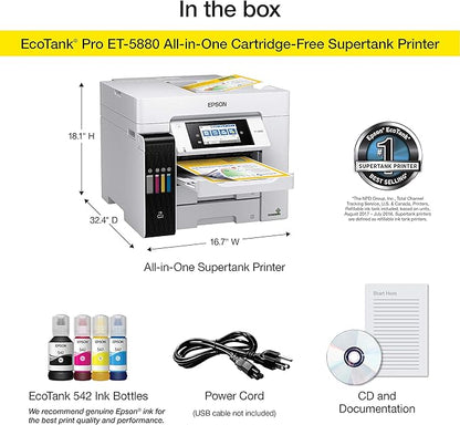 Epson EcoTank Pro ET-5880 Wireless Color All-in-One Supertank Printer with Scanner, Copier, Fax, Ethernet and PCL/Postscript, White