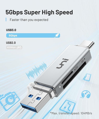 SD Card Reader, uni High-Speed USB C to Micro SD Card Adapter USB 3.0 Dual Slots, Memory Card Reader for SD/Micro SD/SDHC/SDXC/MMC, Compatible with MacBook Pro/Air, Chromebook, Android Galaxy - Silver