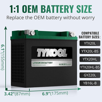 TYKOOL YTX20L-BS-STD Lithium LiFePO4 Motorcycle Battery 12v, 480CCA, 2X Cranking Amps,Digital Readout,Powersports Battery,for ATV,UTV,Jet Ski,PWC,Snowmobile,Quad,Riding Lawn Mowers and tractors