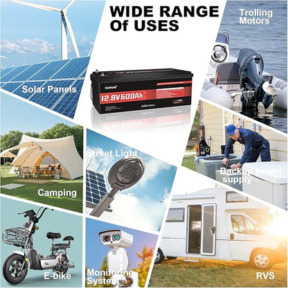 12V 600Ah LiFePO4 Lithium Battery Built-in 200A BMS 10000+ Deep Cycle 7200Wh Deep Cycle Lithium Iron Phosphate Battery Perfect for RV, Solar System, Off Grid, Home Energy Storage