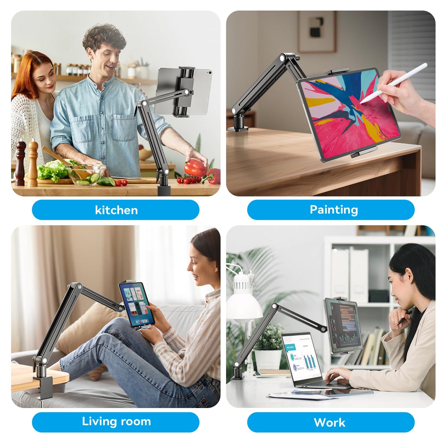 Jakeko Adjustable Tablet Mount for Desk - 360 Degree Rotating Base Tall Arm Holder Stand Swivel Flexible Clamp Soporte para Tablet/Portable Monitor/Ebook