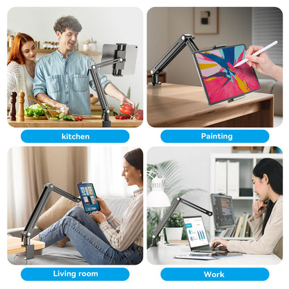Jakeko Adjustable Tablet Mount for Desk - 360 Degree Rotating Base Tall Arm Holder Stand Swivel Flexible Clamp Soporte para Tablet/Portable Monitor/Ebook