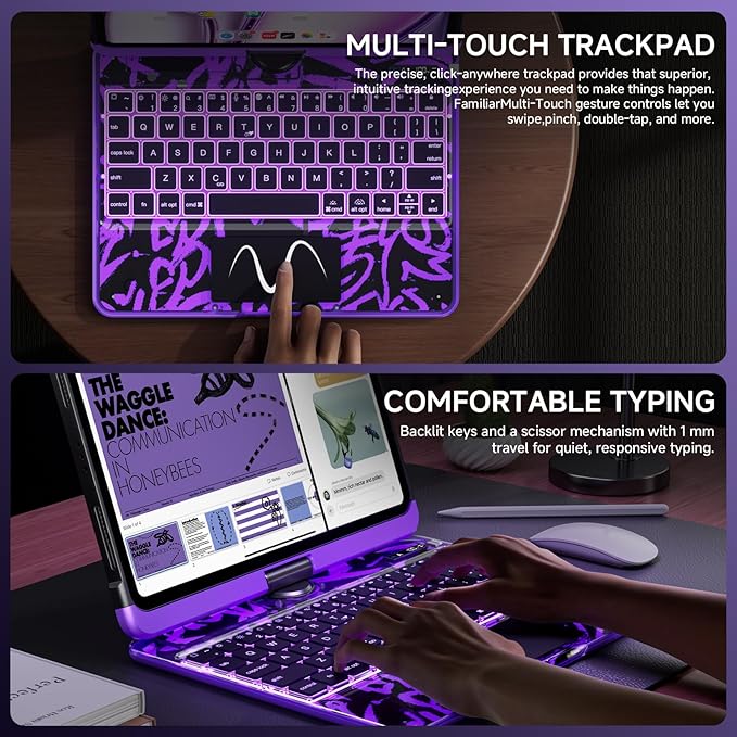 Transparent Case with Keyboard for iPad Air 13 Inch (M3/M2, 2025/2024), iPad Pro 12.9 Inch (6/5/4/3 Gen),7-Color Backlit,Magic wireless Keyboard, 360°Rotating,with trackpad,Pencil Holder,Purple