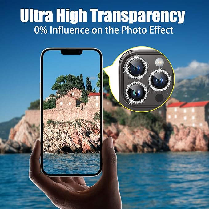 AGVEE 3+3 6 Pack for iPhone 15 Pro 6.1" / 15 Pro Max 6.7" Camera Lens Protector, Bling Diamond & Bling Glitter Metal Ring 9H Tempered HD Glass Camera Protector Cover Film, Bling-Black