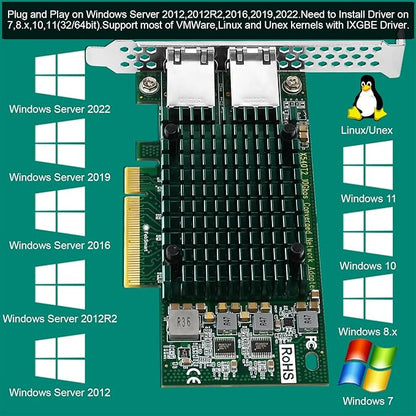 PCIE X8 Interface to 2X 10Gbps RJ45 Ports Network Adapter, Intel X540-AT2 Ethernet Controller, 2X 10GbE RJ45 Interface PCIE NIC Card, PCI Express 10GbE Converged Network Adapter (X540T2)