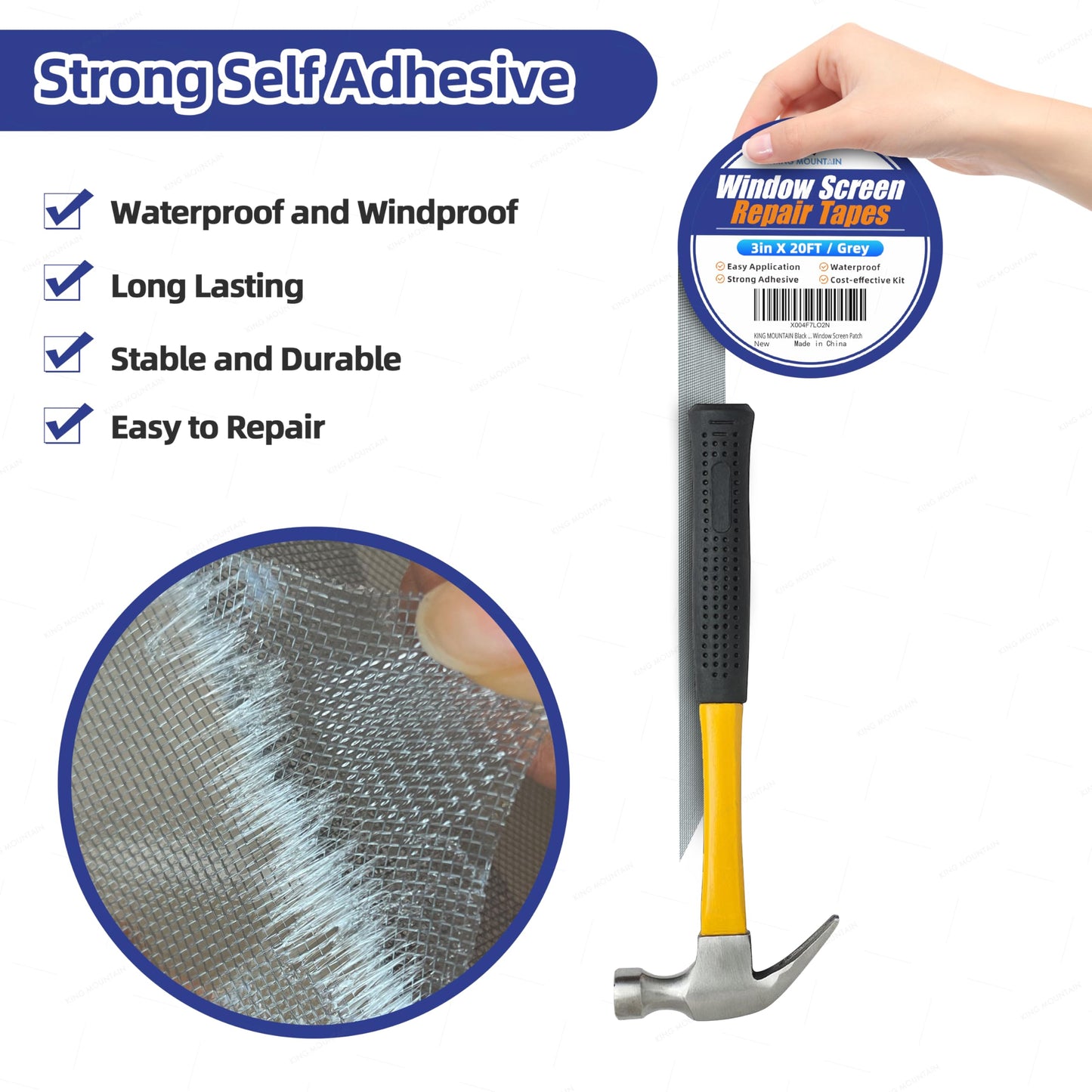 KING MOUNTAIN Grey Window Screen Repair Tape,3inX20FT Heavy Duty Screen Repair Kit for Window Screen and Screen Door Tears Holes,Strong Adhesive & Waterproof Window Screen Patch
