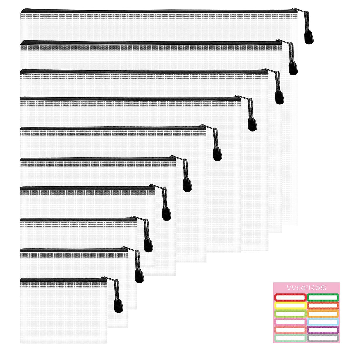 VVCOIIROEI 10pcs Mesh Zipper Pouch Bags, 10 Sizes Zipper Bags for Organizing, Mesh Bags with Zipper, 10 Colors Plastic Zipper Pouches, Puzzle Bags, Board Game Storage Bags, Travel Pouch