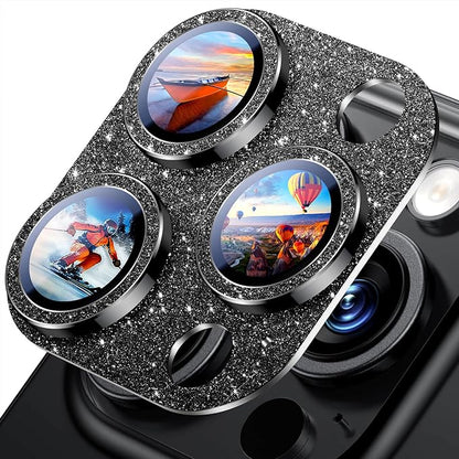 Uyiton Compatible with iPhone 16 Pro/iPhone 16 Pro Max Camera Lens Protector - [Not Easy to Break][Strong Adsorption][Case-Friendly] Metal Tempered Glass Rear Camera Screen Cover - Glitter Black
