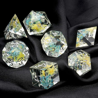 Haxtec Flower DND Dice Set Sharp Edge Dice with Dice Case Handmade Blue Yellow Resin D&D Dice Set for TTRPGs Compatible with Dungeons and Dragons Gifts