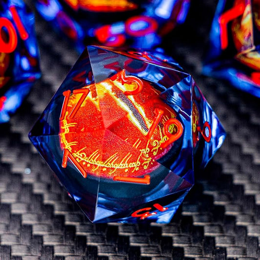 ARUOHHA DND Resin Dice Gazes Eye Dice Blue Red Liquid Core Flaming RPG Sharp Edged Dice Set with Gift Box, Polyhedral D and D Dice Set Compatible with Dungeons Dragons Role Playing Game D20 D6
