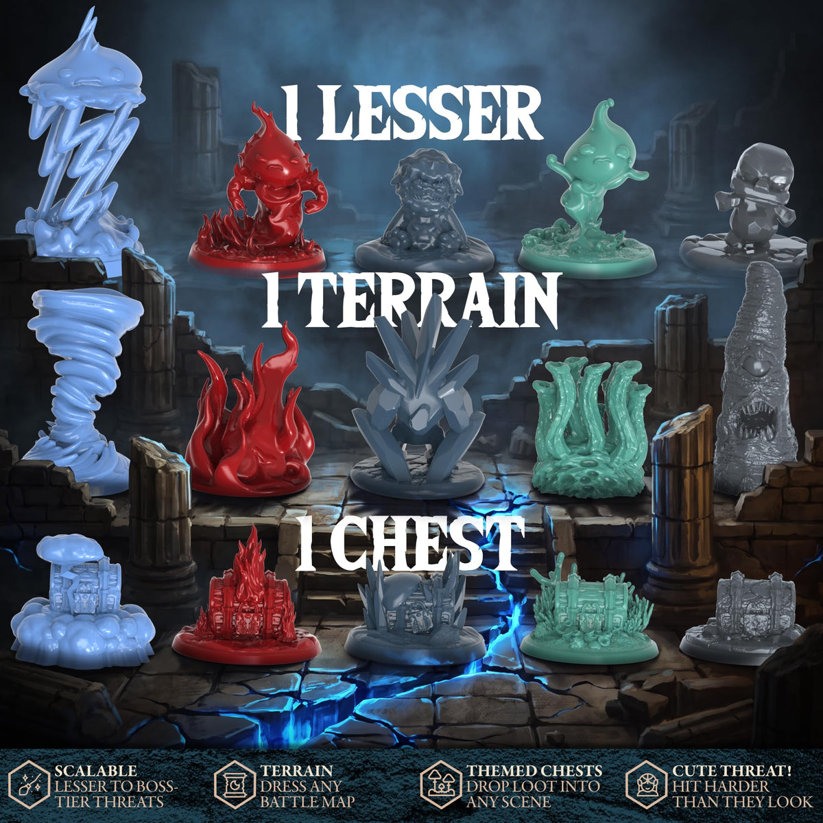 D&D Miniatures Elemental Set, 35 Unpainted 28mm Figures & Treasure Chests