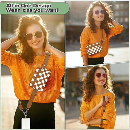 Clip and Go Strap for Phone with Wallet Crossbody, Adjustable Phone Lanyard with Detachable RFID Wristlet Wallet, Phone Strap with Phone Tabs for All Phones, Bronze Checkered (M)