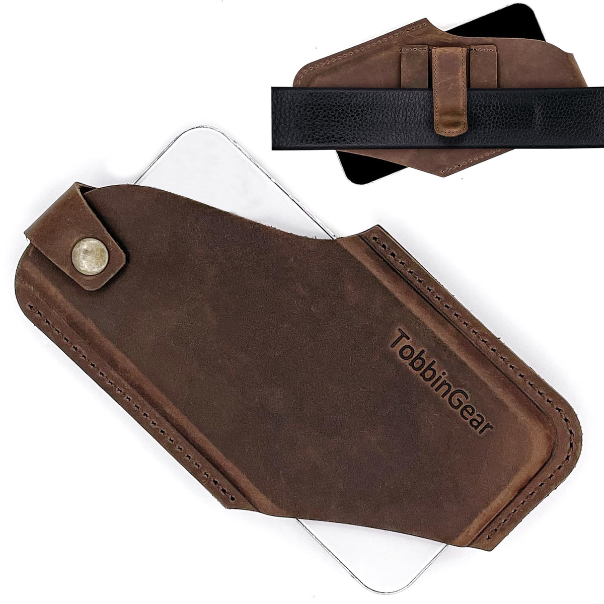 TobbinGear Leather Cell Phone Holster with Belt Clip, Universal Phone Holster for Men Belt Holder, Leather Case for iPhone, Samsung Galaxy Phones, Dark Brown, Large