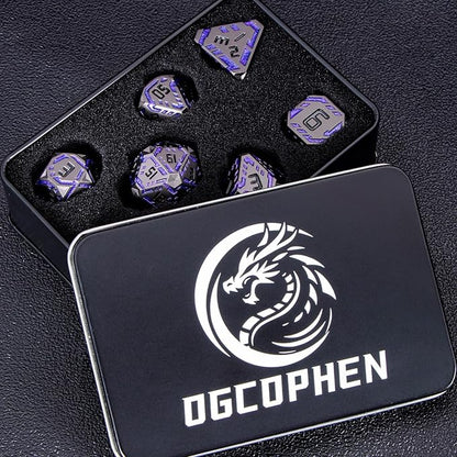 Metal DND Sci-fi Dice Set 7PCS Stripe Polyhedral Dice for Dungeons Dragons RPG Role Playing Game, Glitter D and D Dice with Gift Box D6 D8 D10 D12 D20 (Black Purple) ﻿