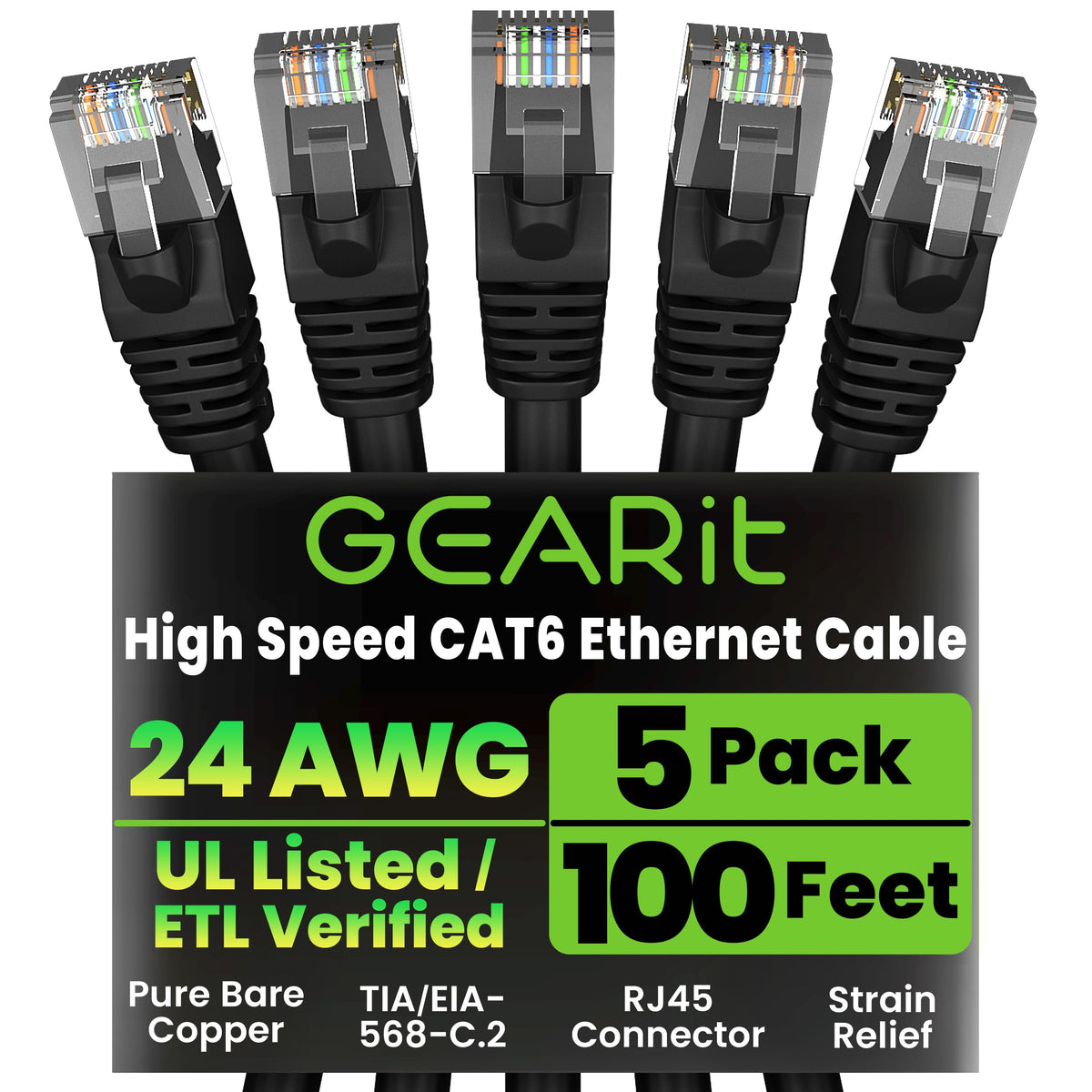 GEARit Cat6 Patch Cables Cat 6 Ethernet Cable 3 ft 5-Pack Black