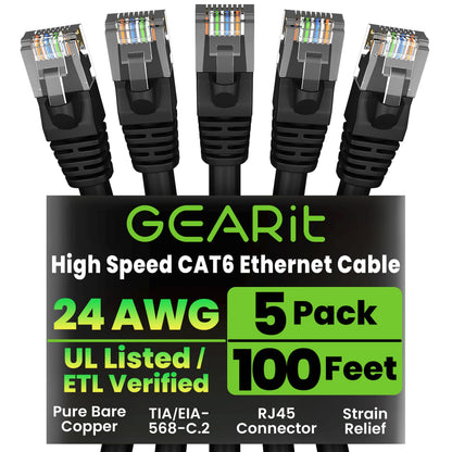 GEARit Cat6 Patch Cables Cat 6 Ethernet Cable 3 ft 5-Pack Black
