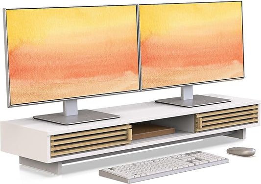 WELL WENG Dual Monitor Stand Riser with Sliding Door, Double Computer Laptop Stand Desk Shelf Organizer with Storage (White + Natural Bamboo, 38 Inch)