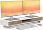 Dual Monitor Stand Riser with Sliding Door, Double Computer Laptop Stand Desk Shelf Organizer with Storage (White + Natural Bamboo, 38 Inch)