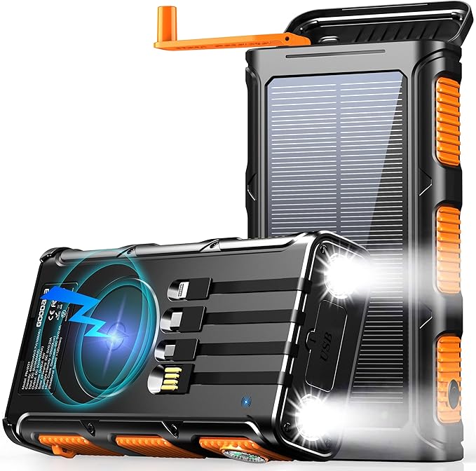 GOODaaa Power Bank Wireless Charger 45800mAh Built in Hand Crank and 4 Cables 15W Fast Charging Power Bank 7 Outputs & 4 Inputs Solar Portable Charger, SOS/Strobe/Strong Flashlights, Compass