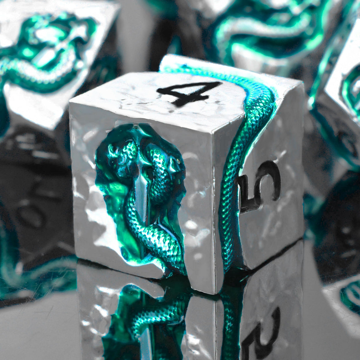 RULE DICE Serpent's Embrace Metal DND Dice Set - 7pc Polyhedral D&D Dice for TTRPGs Like Dungeons and Dragons and Pathfinder - Emerald Green Snake Design, Heavy & Balanced for Tabletop Gaming