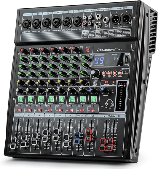 6-Channel Professional Audio Mixer, FX-6usb Mixing Console with XLR Inputs, Bluetooth, 99 DSP Effects, MP3, USB Interface for Podcast, Music, Recording, PC 13.39"x3.54"x12.60"inches