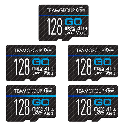 TEAMGROUP GO Card 128GB x 5 Pack MicroSDXC UHS-I U3 V30 4K for Action Cameras & Drone High Speed Flash Memory Card with Adapter for Outdoor Sports&Vlog, 4K Shooting,GoPro&Insta360&DJI TGUSDX128GU363