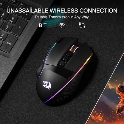 Redragon M991 Wireless Gaming Mouse, 26000 DPI 3-Mode Gamer Mice w/Rapid Fire Key, 9 Macro Buttons, Powerful Capacity and RGB Backlight for PC/Mac/Laptop, Black