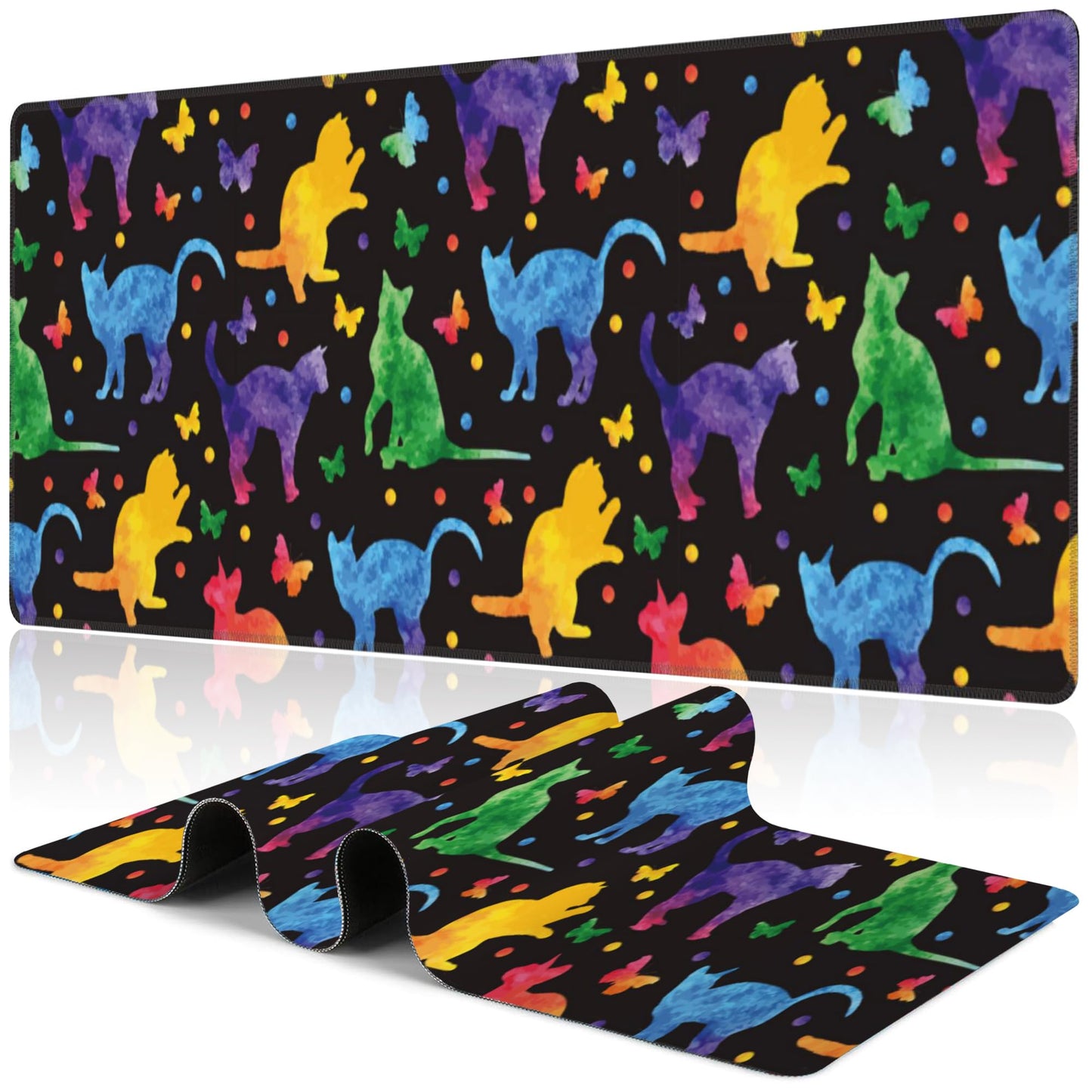 Colorful Cats and Butterflies Desk Mat,Large Watercolor Kittens Butterfly Gaming Keyboard Mouse Pad,Non-Slip Rubber Base Desk Pad Thick Stitched Edges Waterproof Mousepad Mouse Mat 31.5"x11.8"