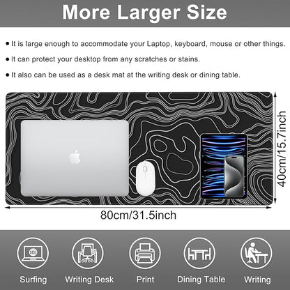 Mouse Pad, Large Mountain Topographic Terrain Map Desk Mat, Extended Non-Slip Gaming Keyboard Mousepad Desk Pad, Thick Stitched Edges Waterproof Mouse Mat 31.5"x15.7" (White Topographic Line Art)