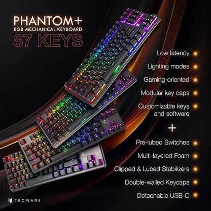 TECWARE Phantom+ 87 Key Mechanical Gaming Keyboard, RGB led, TKL 75% Keyboard, Thocky Sounding, Wraith Pink Switch