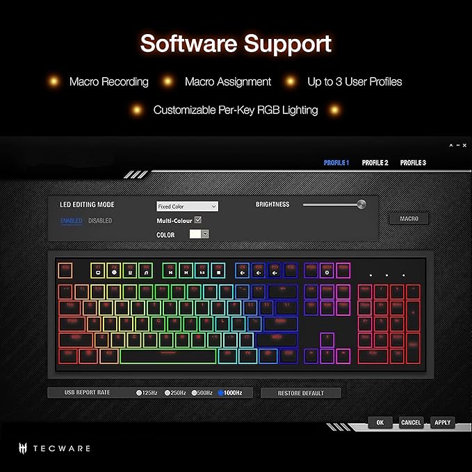 TECWARE Phantom 87 Key Mechanical Keyboard, RGB led, Outemu Brown Switch